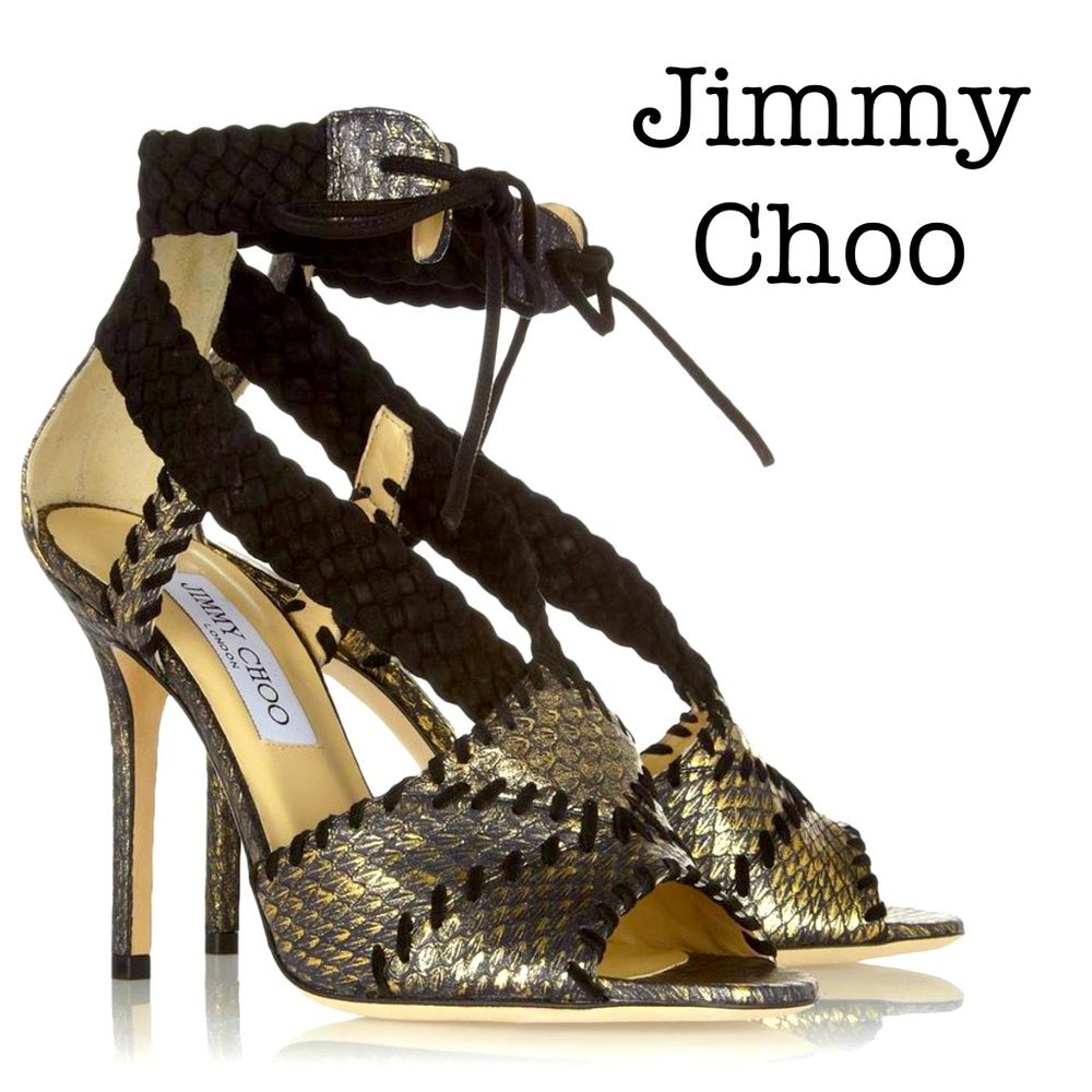 Jimmy Choo Black & Gold Snake Print Suede Peep Toe Heels Size 39